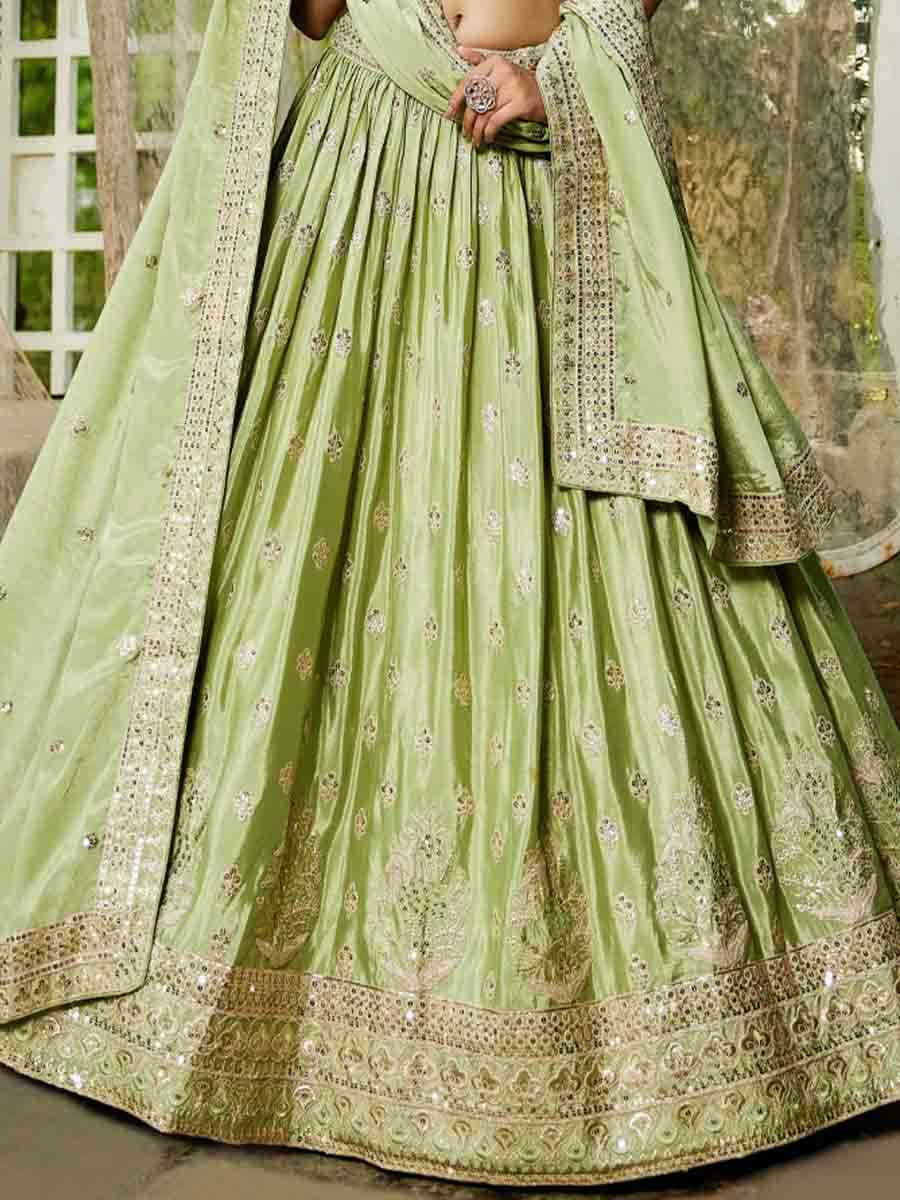 Lime Green Poly Chiffon Embroidered Reception Wedding Heavy Border Lehenga Choli