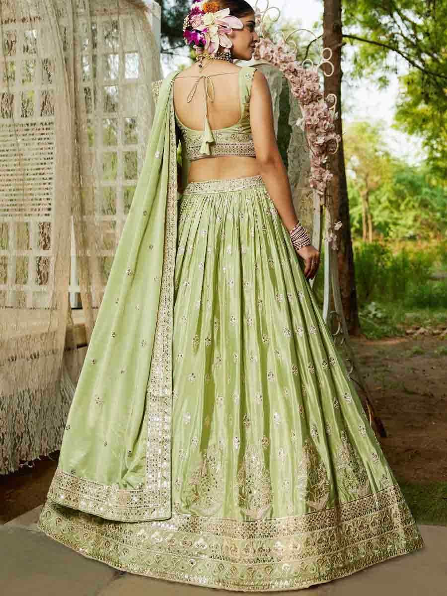 Lime Green Poly Chiffon Embroidered Reception Wedding Heavy Border Lehenga Choli