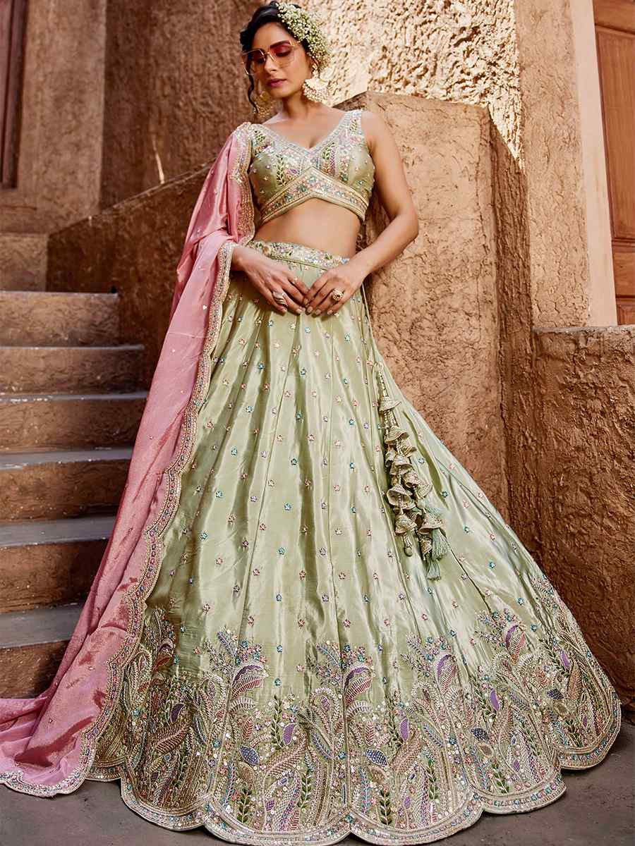 Lime Green Satin Embroidered Reception Wedding Heavy Border Lehenga Choli