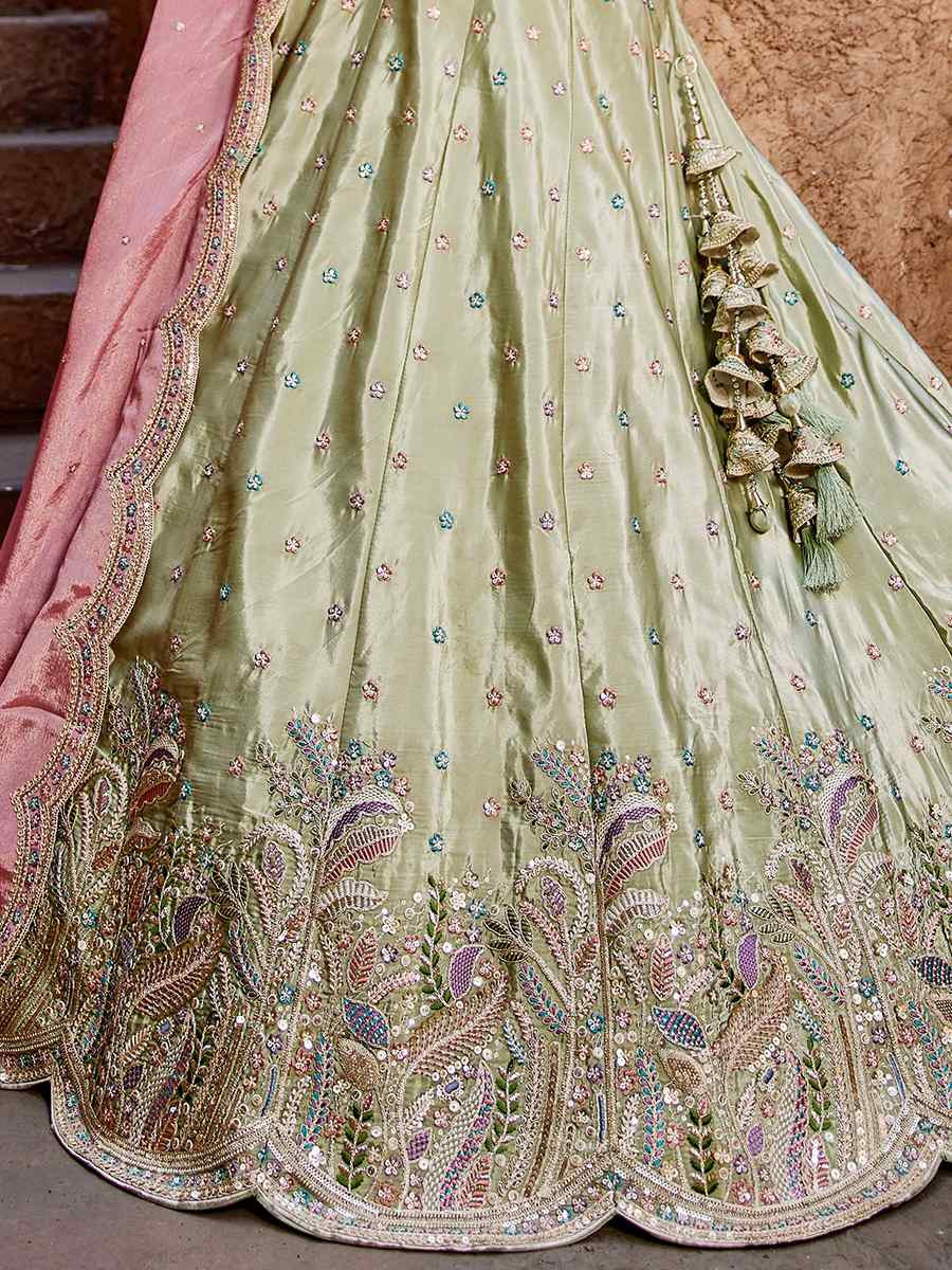 Lime Green Satin Embroidered Reception Wedding Heavy Border Lehenga Choli