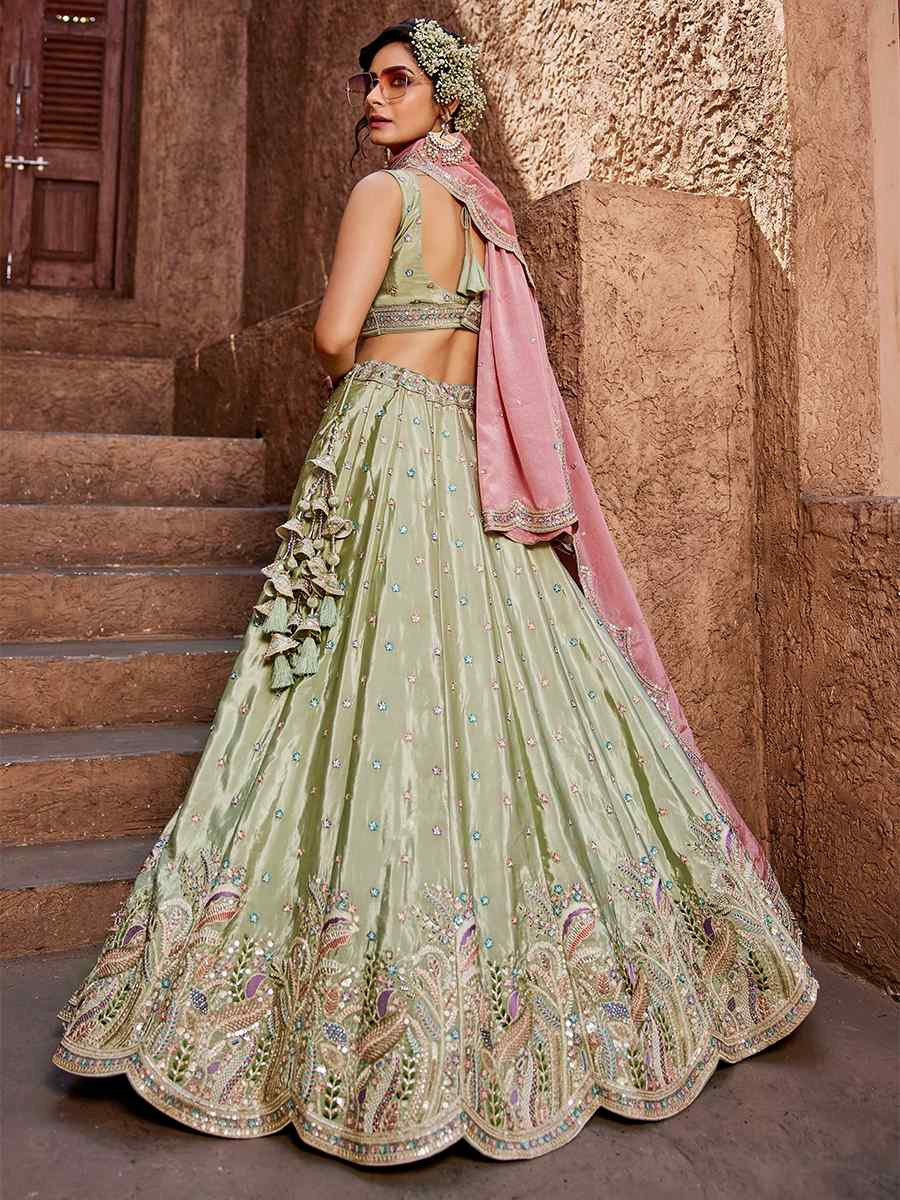 Lime Green Satin Embroidered Reception Wedding Heavy Border Lehenga Choli