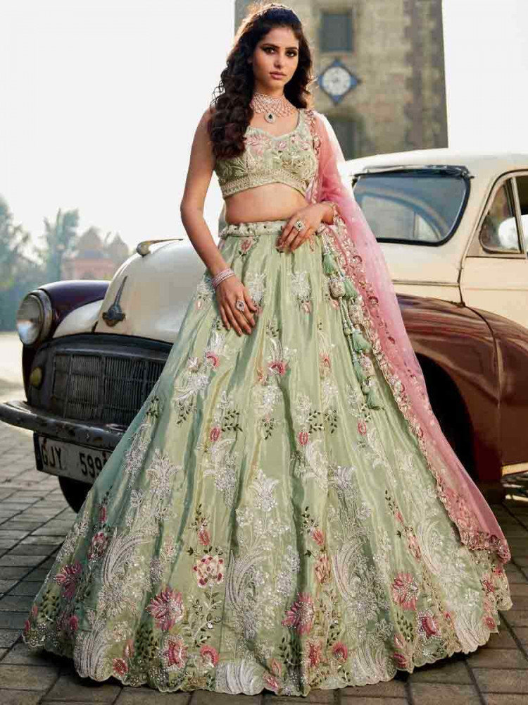 Image of Lime Green Satin Embroidery Reception Party Wear Heavy Border Lehenga Choli