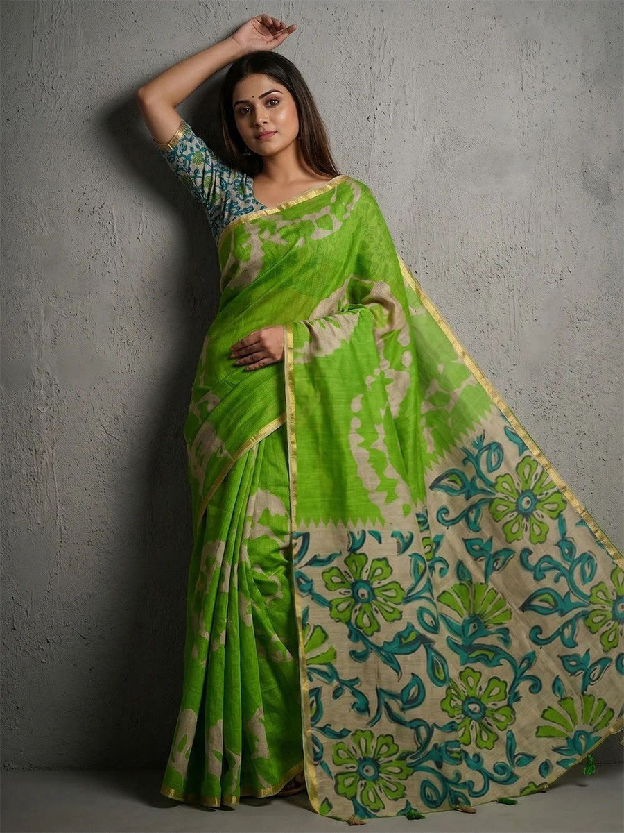 Lime Green Soft cotton based Linen Fancy Kalamkari Print Zari border Wedding Reception Party Festival Casual Heavy Border Sarees
