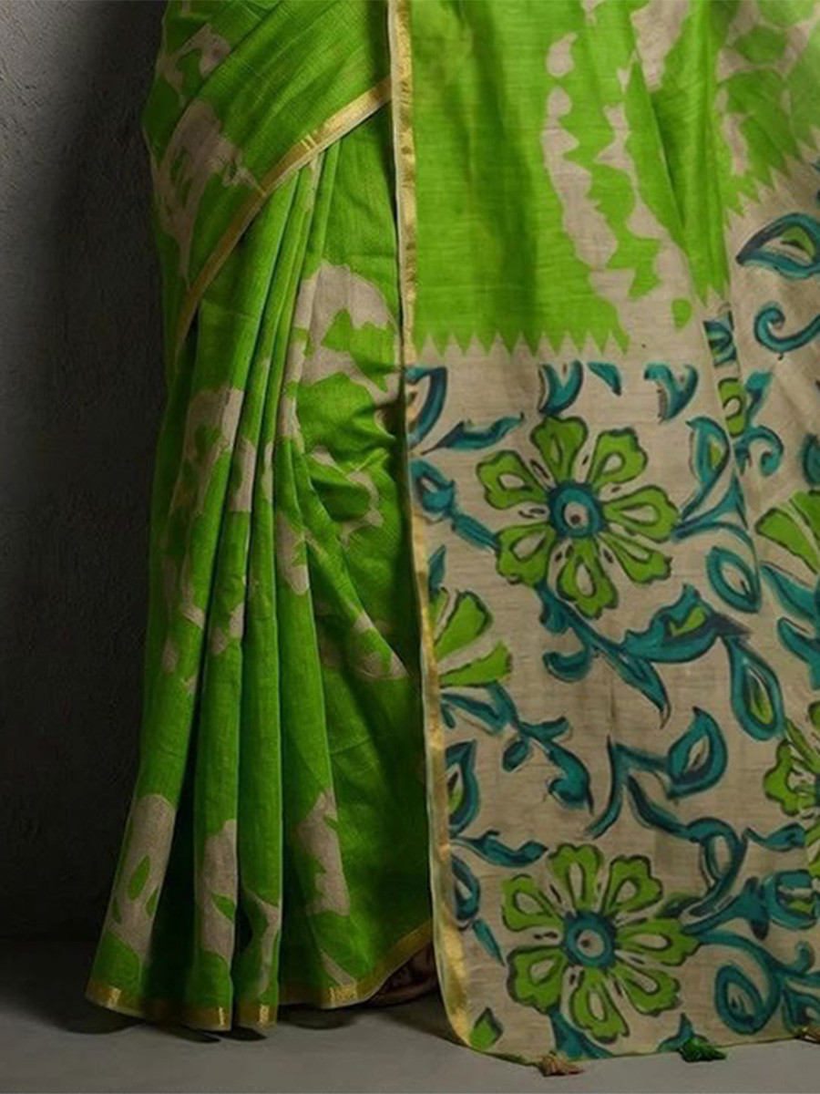 Lime Green Soft cotton based Linen Fancy Kalamkari Print Zari border Wedding Reception Party Festival Casual Heavy Border Sarees