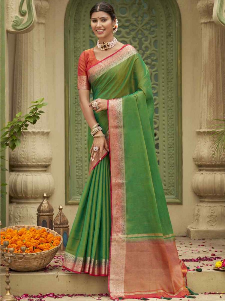 Lime Green Tussar Silk Handwoven Wedding Festival Heavy Border Saree