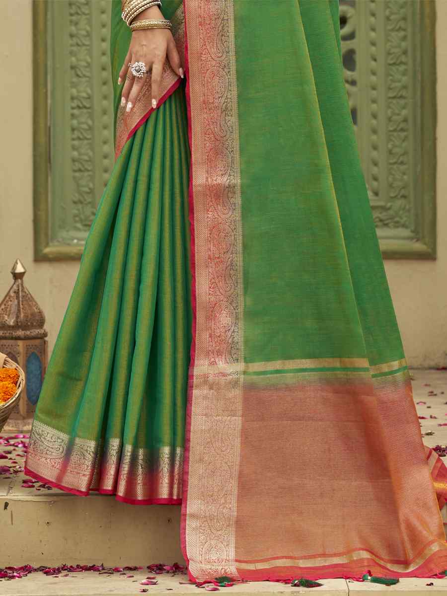 Lime Green Tussar Silk Handwoven Wedding Festival Heavy Border Saree