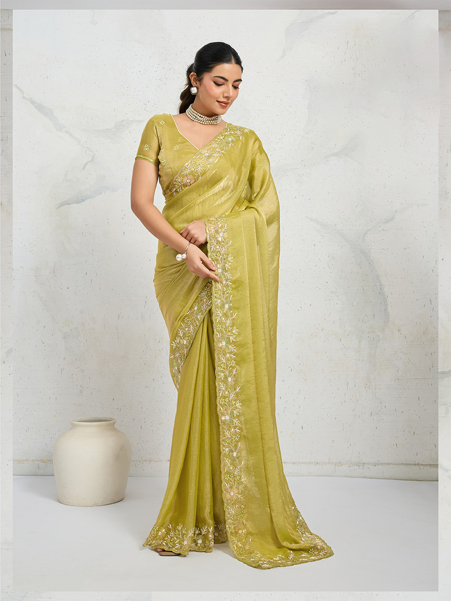 Lime Yellow Chiffon Velvet Zari Sequins Embroidery Reception Festival Wedding Party Fancy Heavy Border Sarees