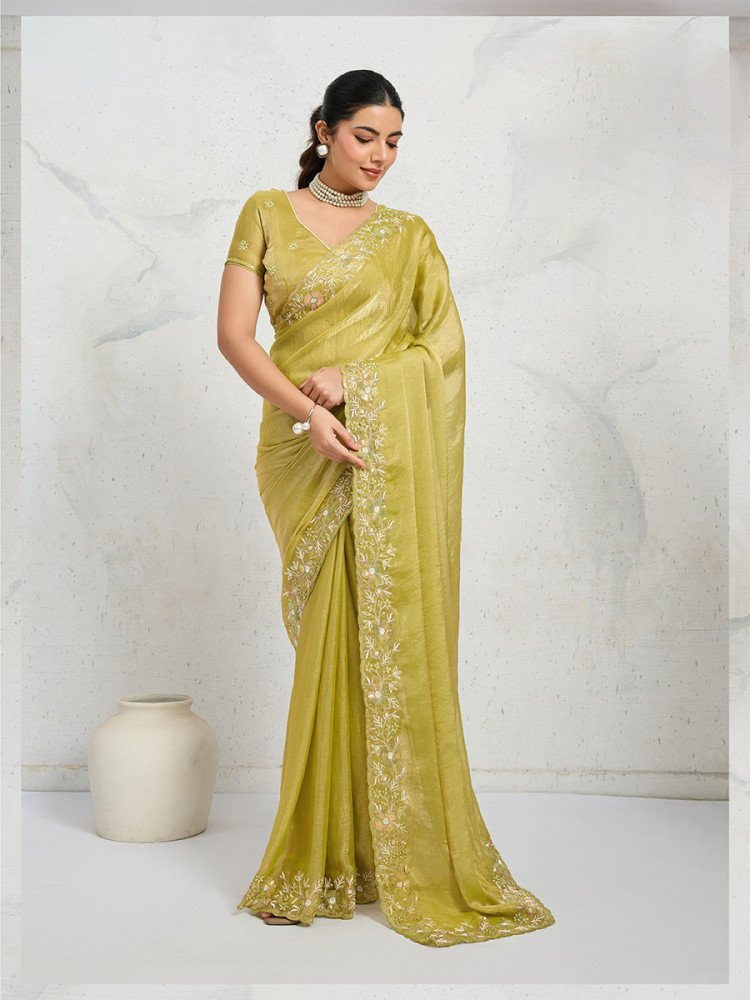Image of Lime Yellow Chiffon Velvet Zari Sequins Embroidery Reception Festival Wedding Party Fancy Heavy Border Sarees