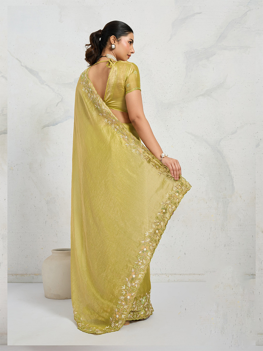 Lime Yellow Chiffon Velvet Zari Sequins Embroidery Reception Festival Wedding Party Fancy Heavy Border Sarees