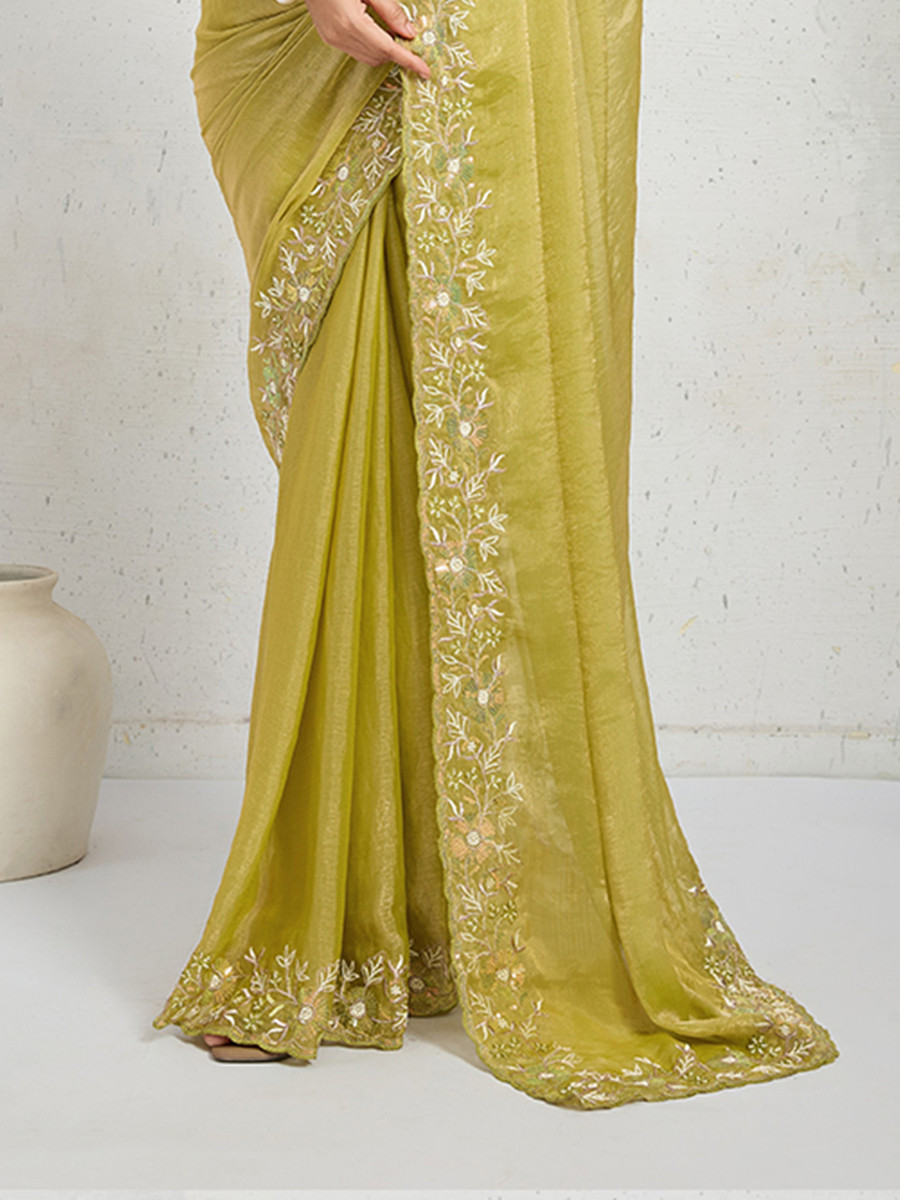 Lime Yellow Chiffon Velvet Zari Sequins Embroidery Reception Festival Wedding Party Fancy Heavy Border Sarees