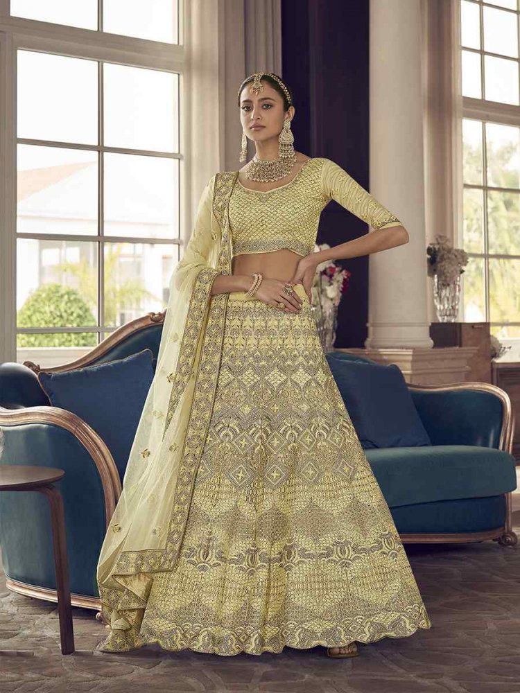 Lime Yellow Crepe Zari Sequins Bridal Bridesmaid Heavy Border Lehenga Choli