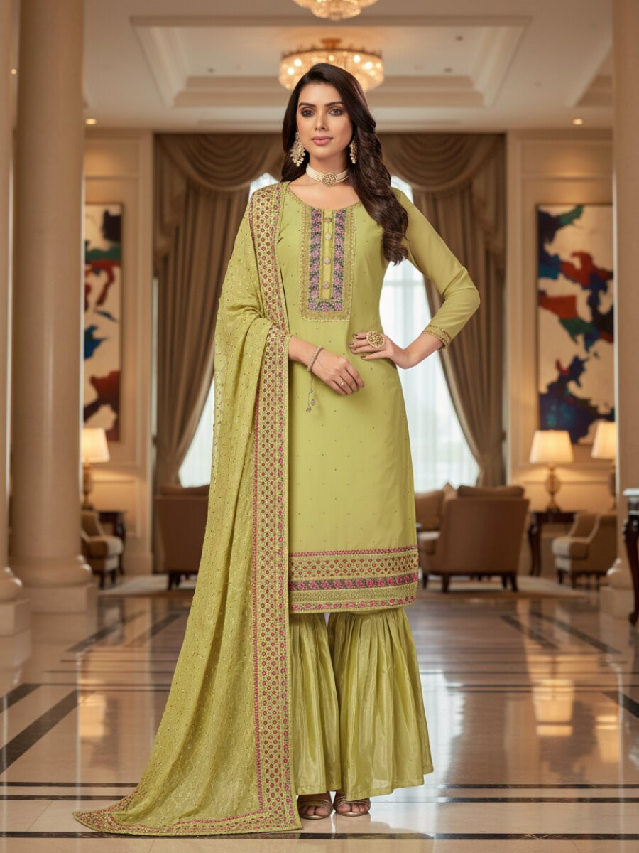 Lime Yellow Faux Georgette Embroidery Wedding Party Festival Casual Sharara Pant Salwar Kameez