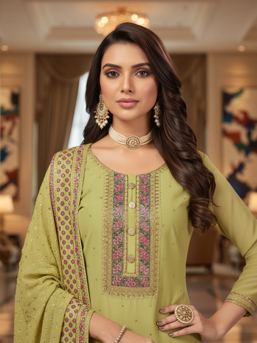 Lime Yellow Faux Georgette Embroidery Wedding Party Festival Casual Sharara Pant Salwar Kameez