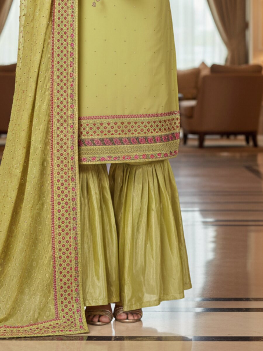 Lime Yellow Faux Georgette Embroidery Wedding Party Festival Casual Sharara Pant Salwar Kameez