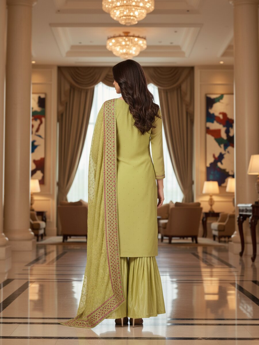 Lime Yellow Faux Georgette Embroidery Wedding Party Festival Casual Sharara Pant Salwar Kameez