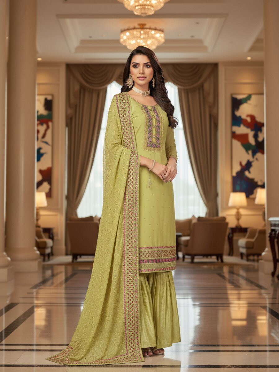 Lime Yellow Faux Georgette Embroidery Wedding Party Festival Casual Sharara Pant Salwar Kameez