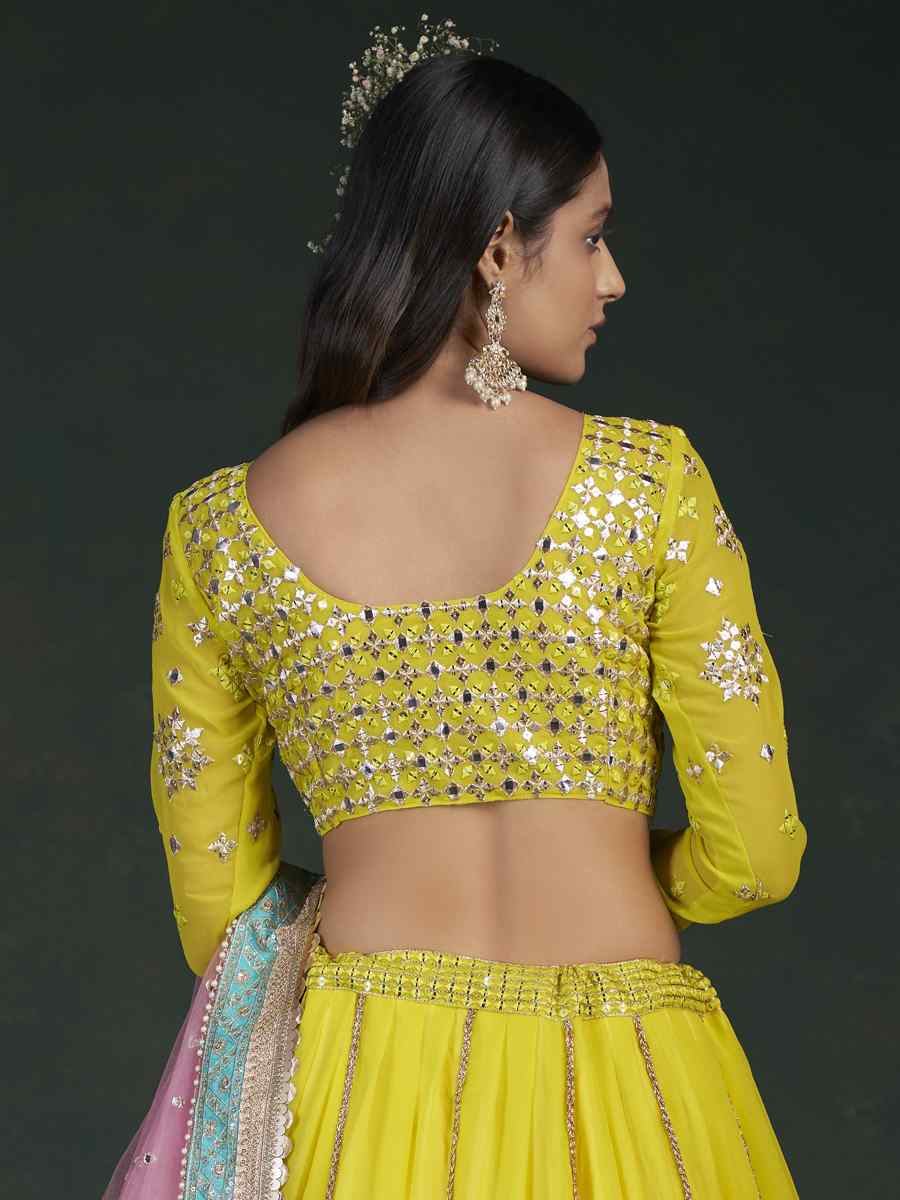 Lime Yellow Georgette Embroidered Festival Wedding Circular Lehenga Choli