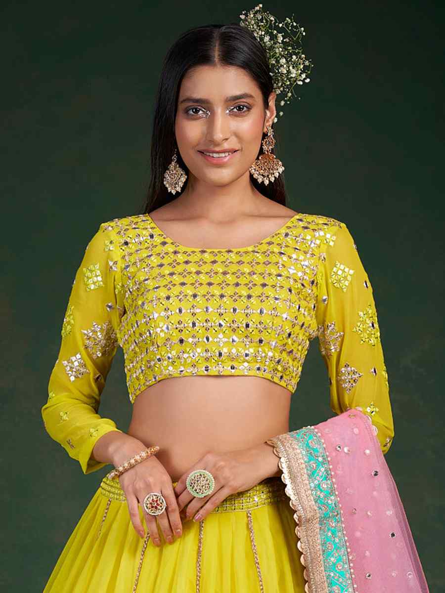 Lime Yellow Georgette Embroidered Festival Wedding Circular Lehenga Choli