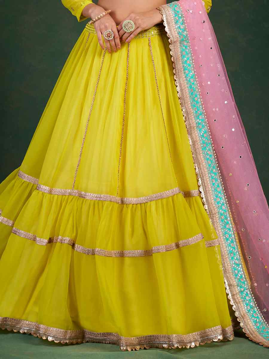 Lime Yellow Georgette Embroidered Festival Wedding Circular Lehenga Choli