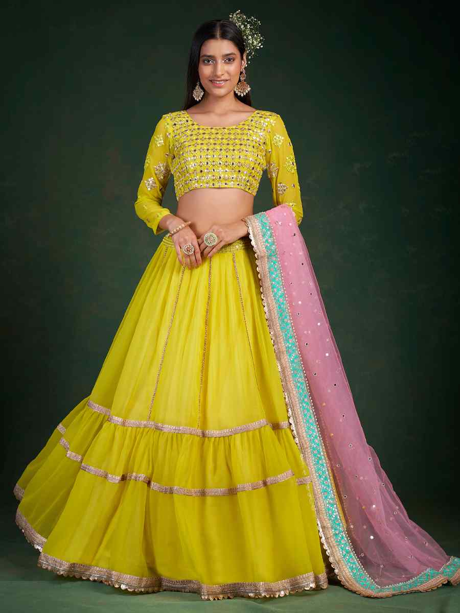 Lime Yellow Georgette Embroidered Festival Wedding Circular Lehenga Choli