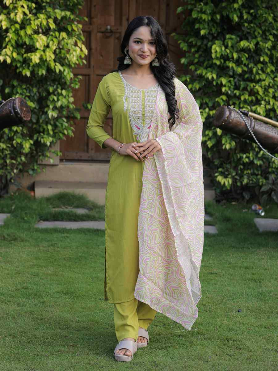 Liril Green Viscose Slub Embroidered Festival Casual Ready Pant Salwar Kameez