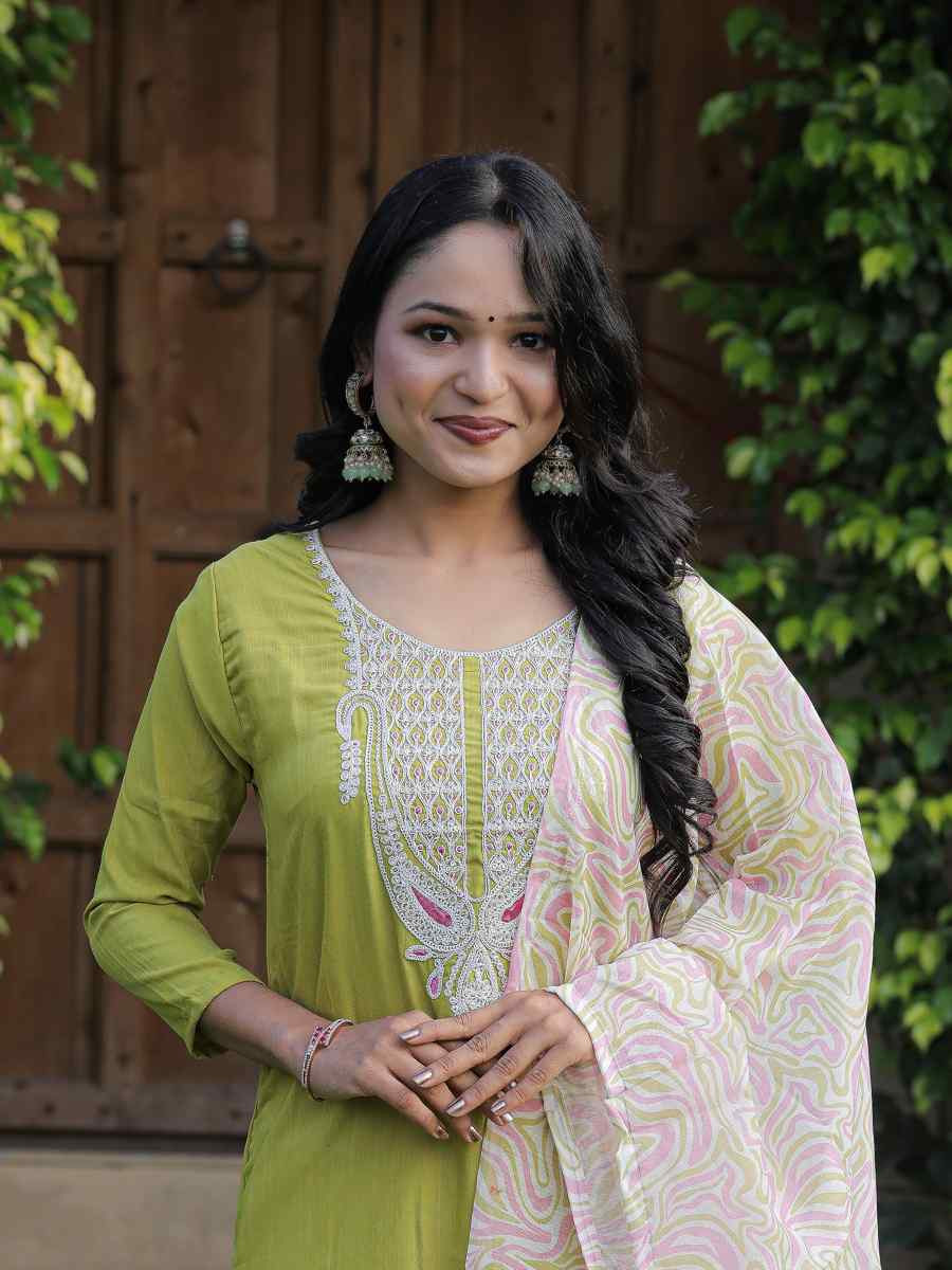 Liril Green Viscose Slub Embroidered Festival Casual Ready Pant Salwar Kameez