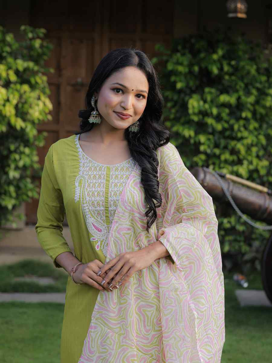 Liril Green Viscose Slub Embroidered Festival Casual Ready Pant Salwar Kameez