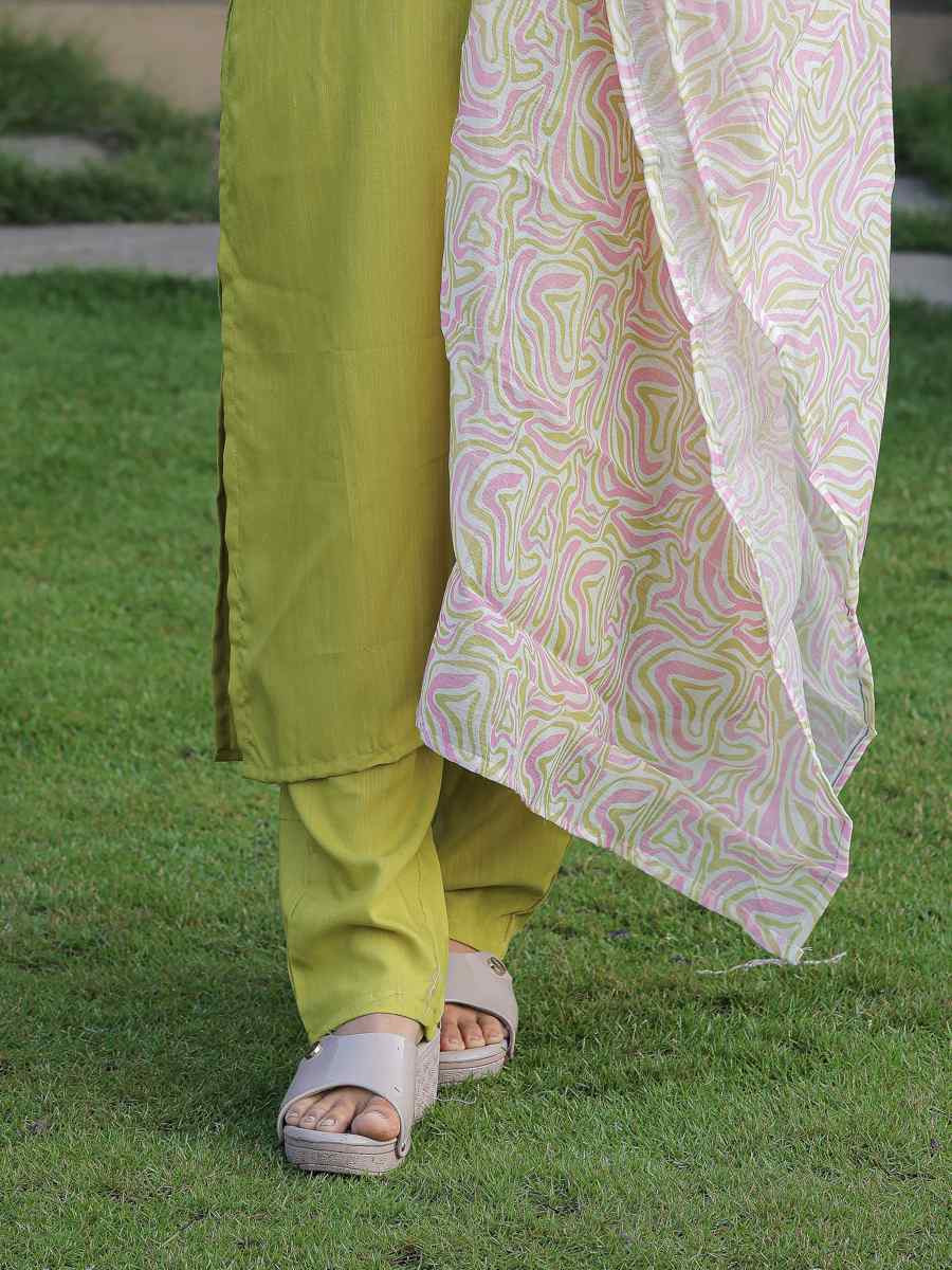 Liril Green Viscose Slub Embroidered Festival Casual Ready Pant Salwar Kameez