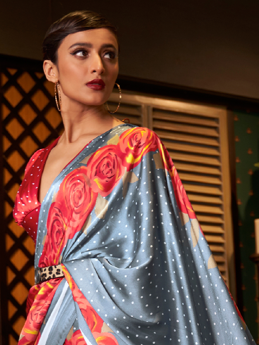 Liver Grey Crepe Festival Printed Saree