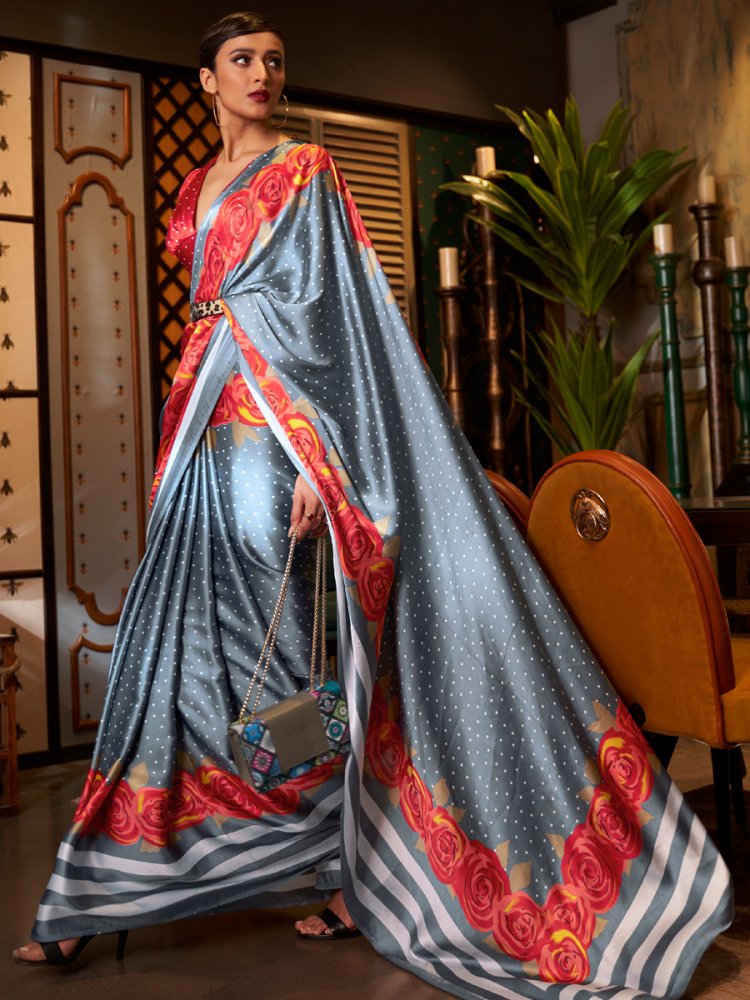 Liver Grey Crepe Festival Printed Saree
