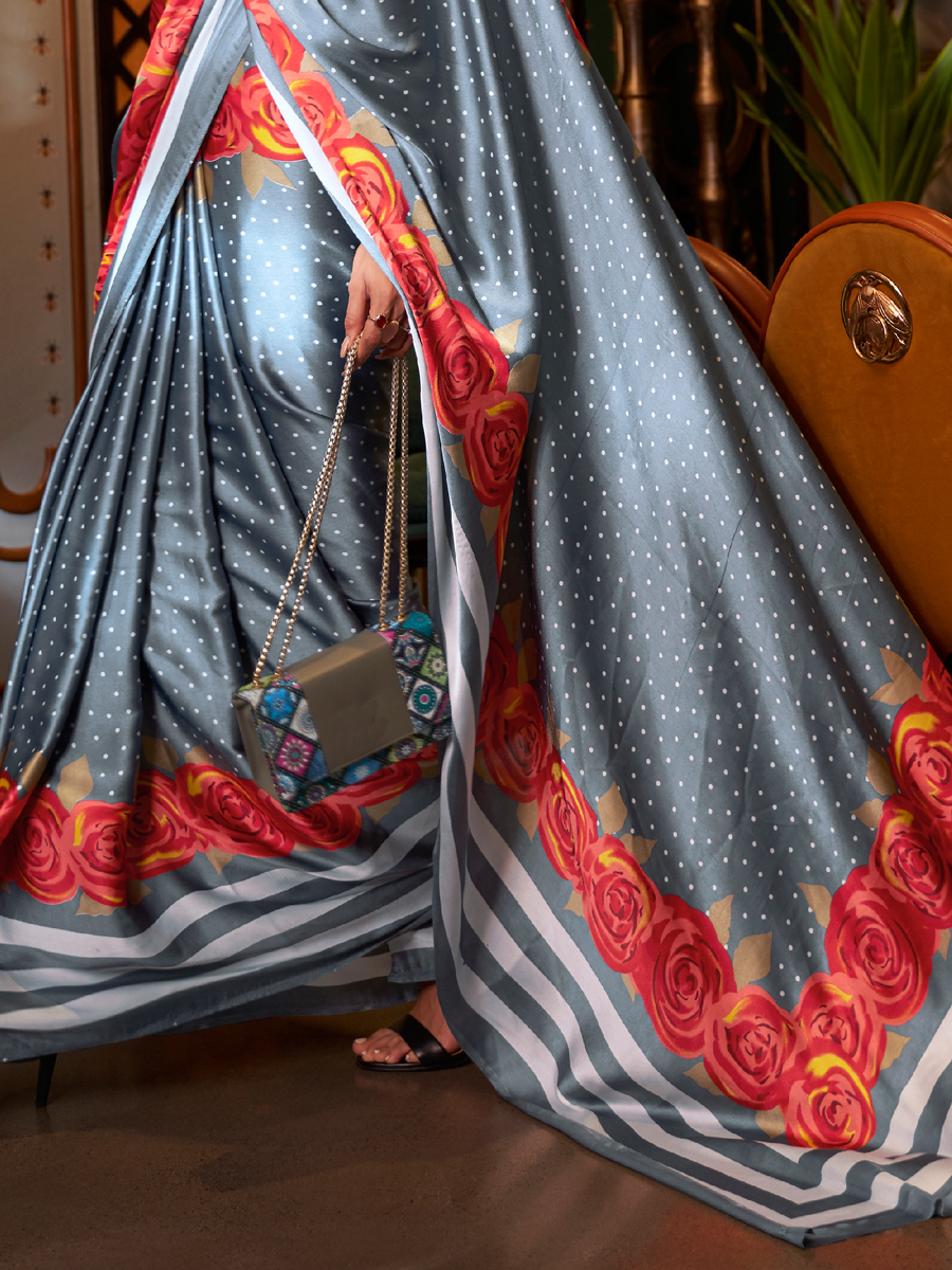 Liver Grey Crepe Festival Printed Saree