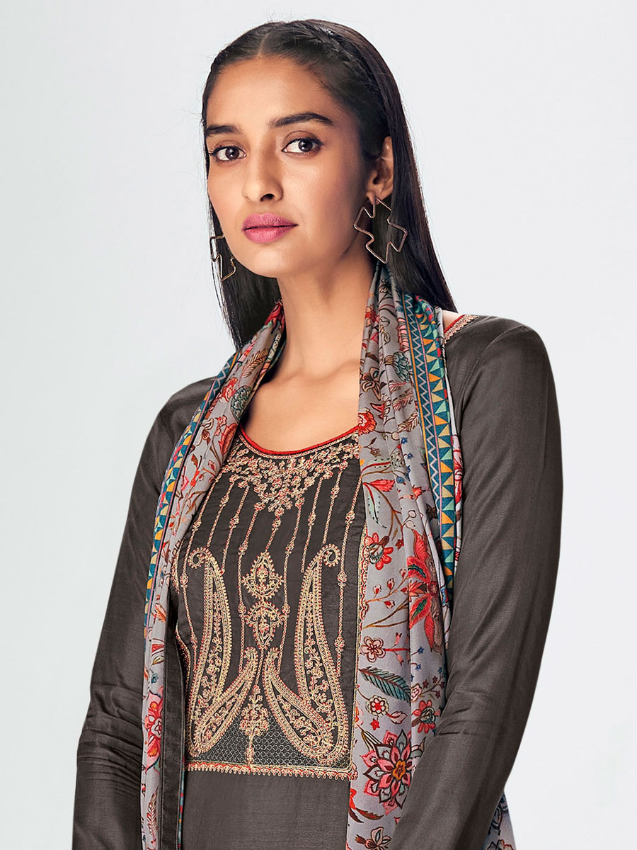 Liver Grey Premium Tussah Silk Embroidered Party Pant Kameez