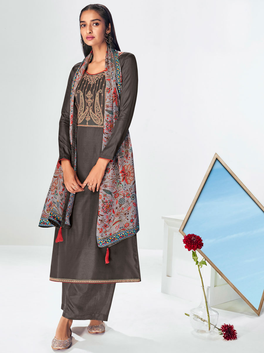 Liver Grey Premium Tussah Silk Embroidered Party Pant Kameez