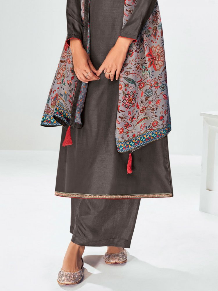 Liver Grey Premium Tussah Silk Embroidered Party Pant Kameez