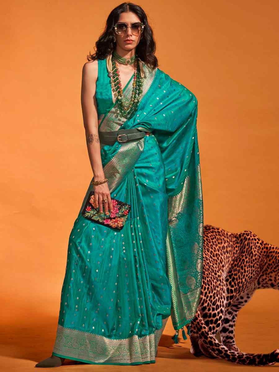 Lochinvar Green Satin Handwoven Wedding Festival Heavy Border Saree