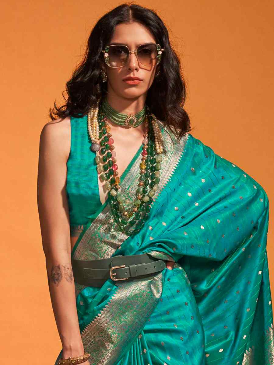 Lochinvar Green Satin Handwoven Wedding Festival Heavy Border Saree