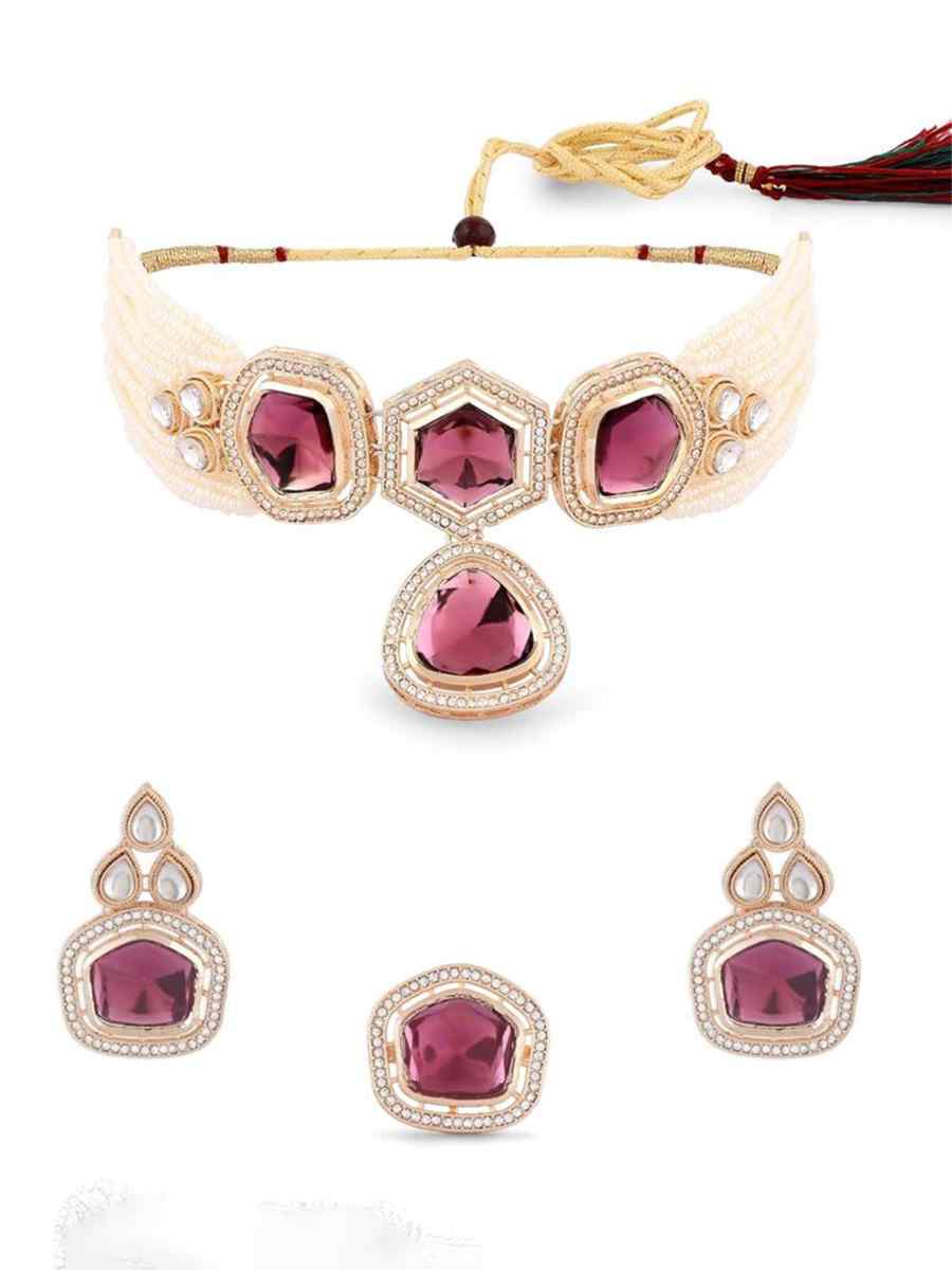 Magenta Alloy Metal Festival Wear Kundan Necklace