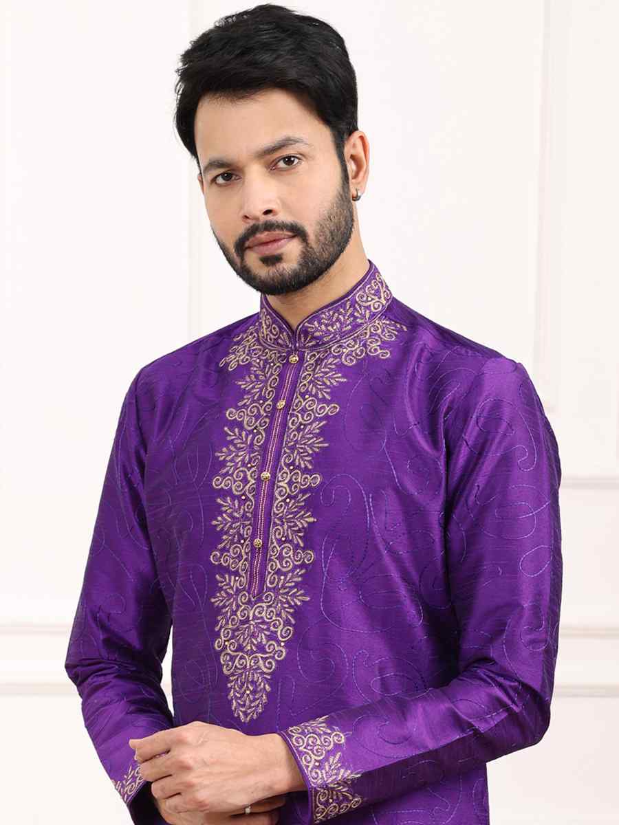 Magenta Art Banarasi Silk Woven Festival Wedding Kurta