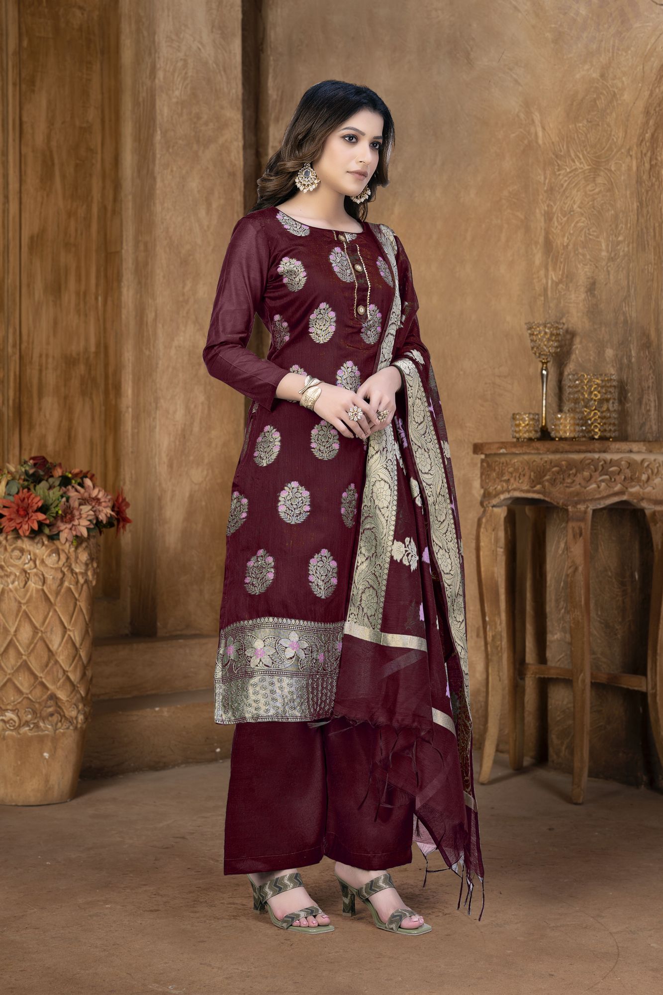 Magenta Banarasi Jacquard Embroidered Festival Party Pant Salwar Kameez