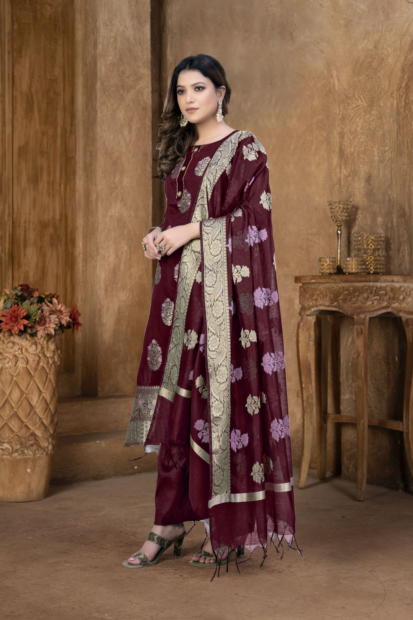 Magenta Banarasi Jacquard Embroidered Festival Party Pant Salwar Kameez