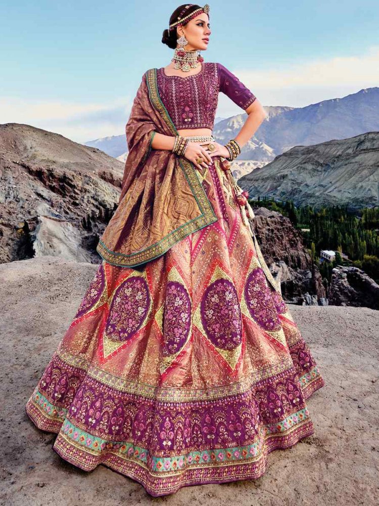 Magenta Banarasi Silk Jacquard Embroidered Bridal Wedding Heavy Border Lehenga Choli