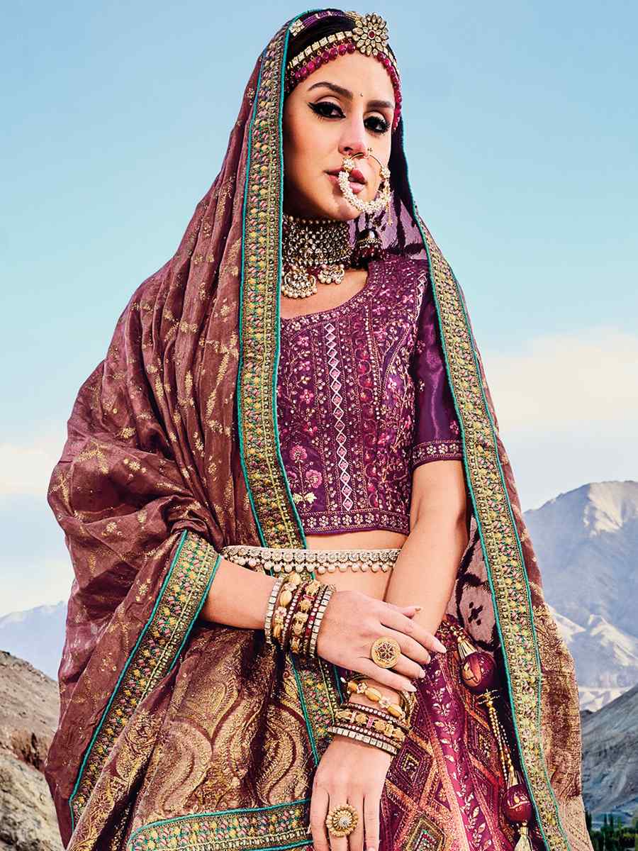 Magenta Banarasi Silk Jacquard Embroidered Bridal Wedding Heavy Border Lehenga Choli