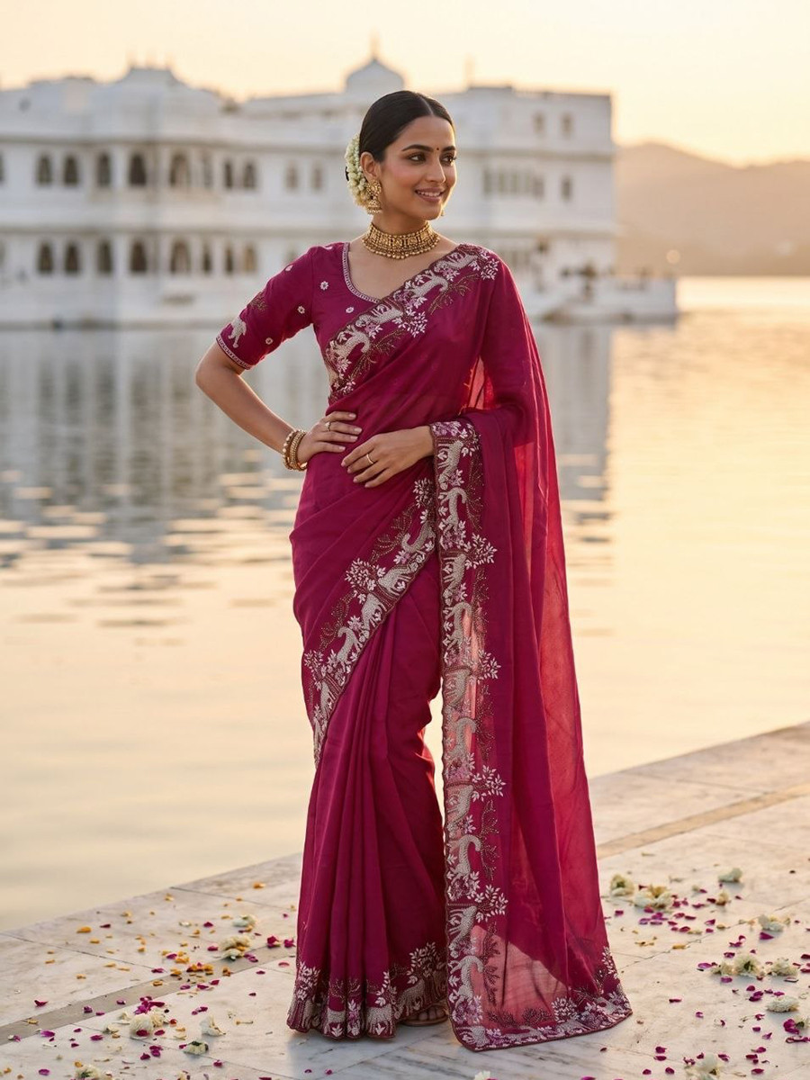 Magenta Black Rangoli Silk Embroidery Wedding Reception Party Festival Casual Heavy Border Sarees
