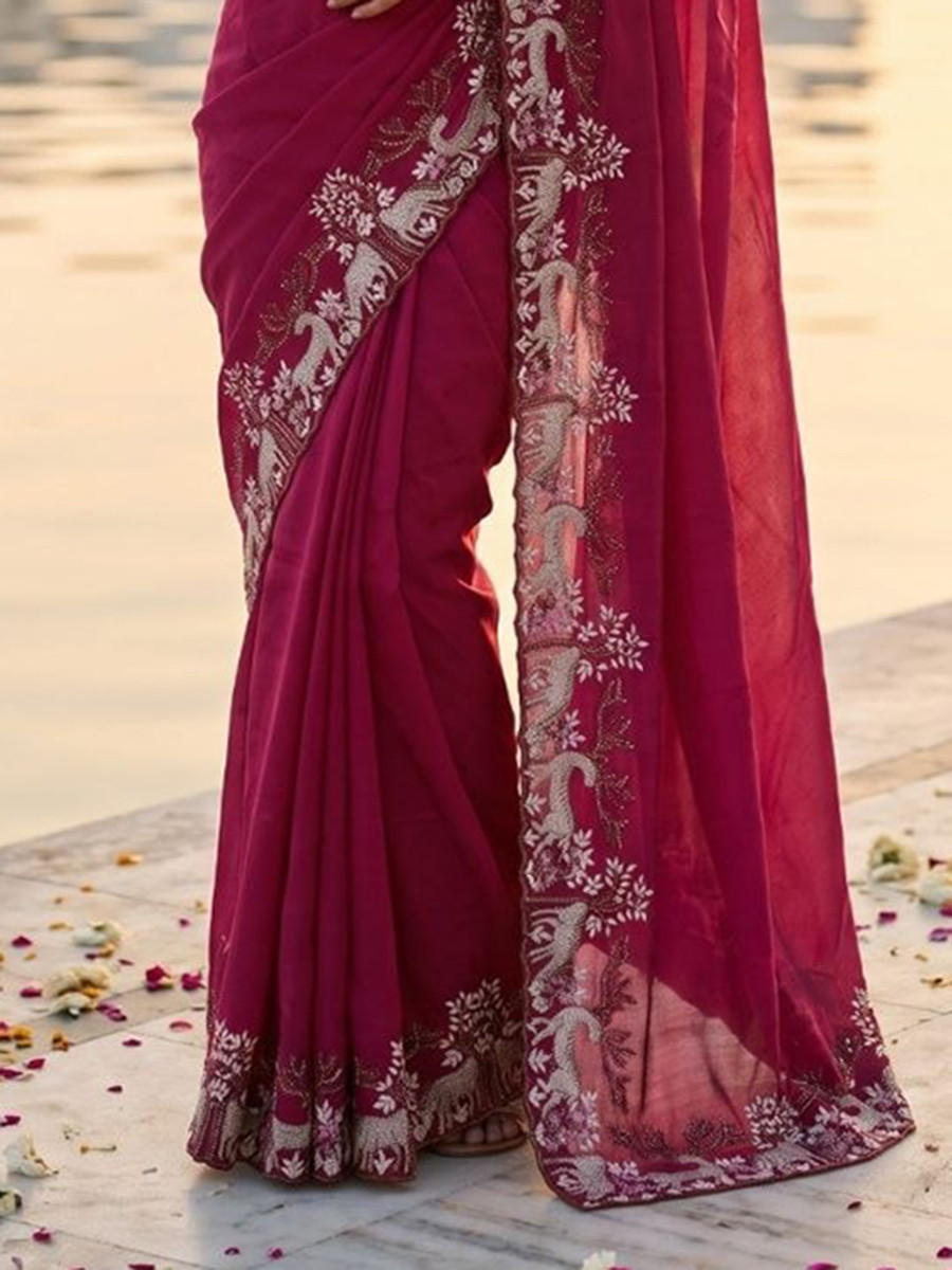 Magenta Black Rangoli Silk Embroidery Wedding Reception Party Festival Casual Heavy Border Sarees