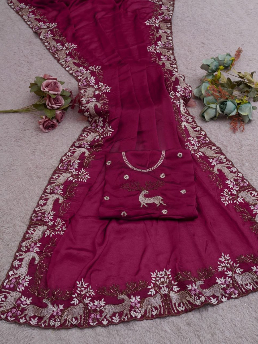 Magenta Black Rangoli Silk Embroidery Wedding Reception Party Festival Casual Heavy Border Sarees