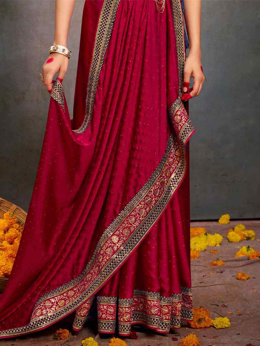 Magenta Bsy Satin Embroidered Festival Wedding Heavy Border Saree