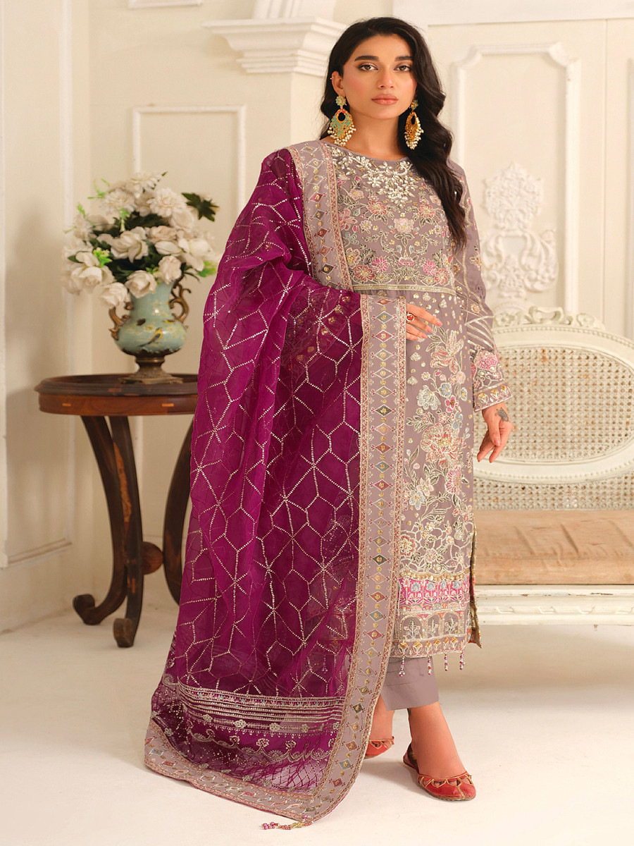 Magenta Chiffon Embroidery Zari Sequins Wedding Party Festival Casual Pant Salwar Kameez