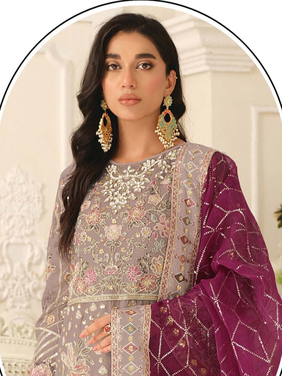 Magenta Chiffon Embroidery Zari Sequins Wedding Party Festival Casual Pant Salwar Kameez