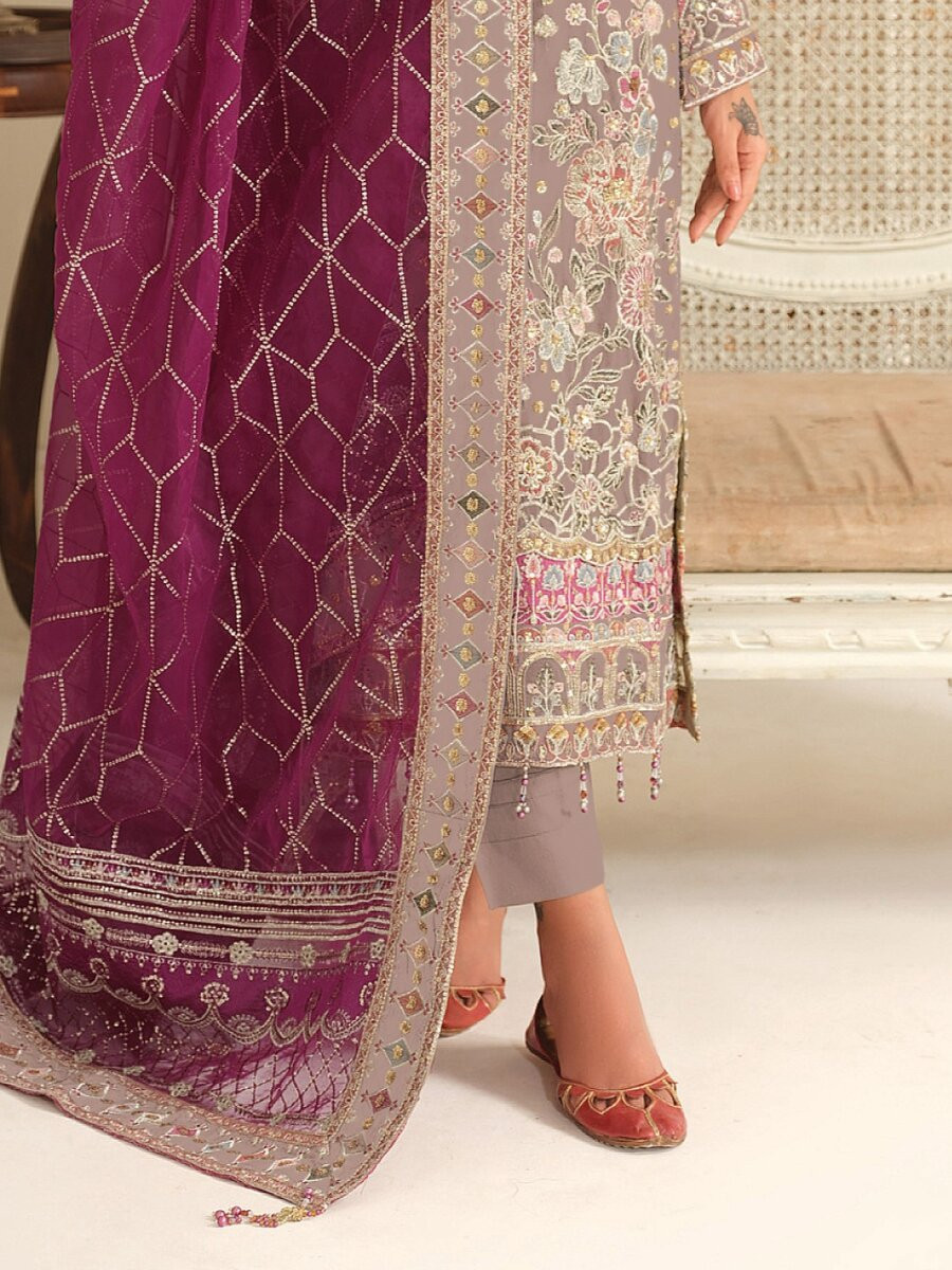 Magenta Chiffon Embroidery Zari Sequins Wedding Party Festival Casual Pant Salwar Kameez