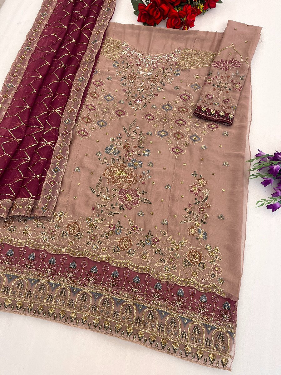Magenta Chiffon Embroidery Zari Sequins Wedding Party Festival Casual Pant Salwar Kameez